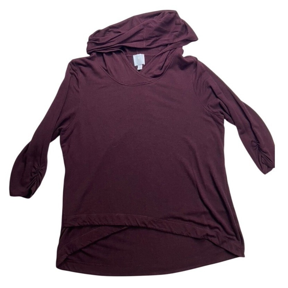 Sunday Womens XL Burgundy‎ 3/4 Sleeve Ruched Cuff High-Low Pullover Hoodie Top